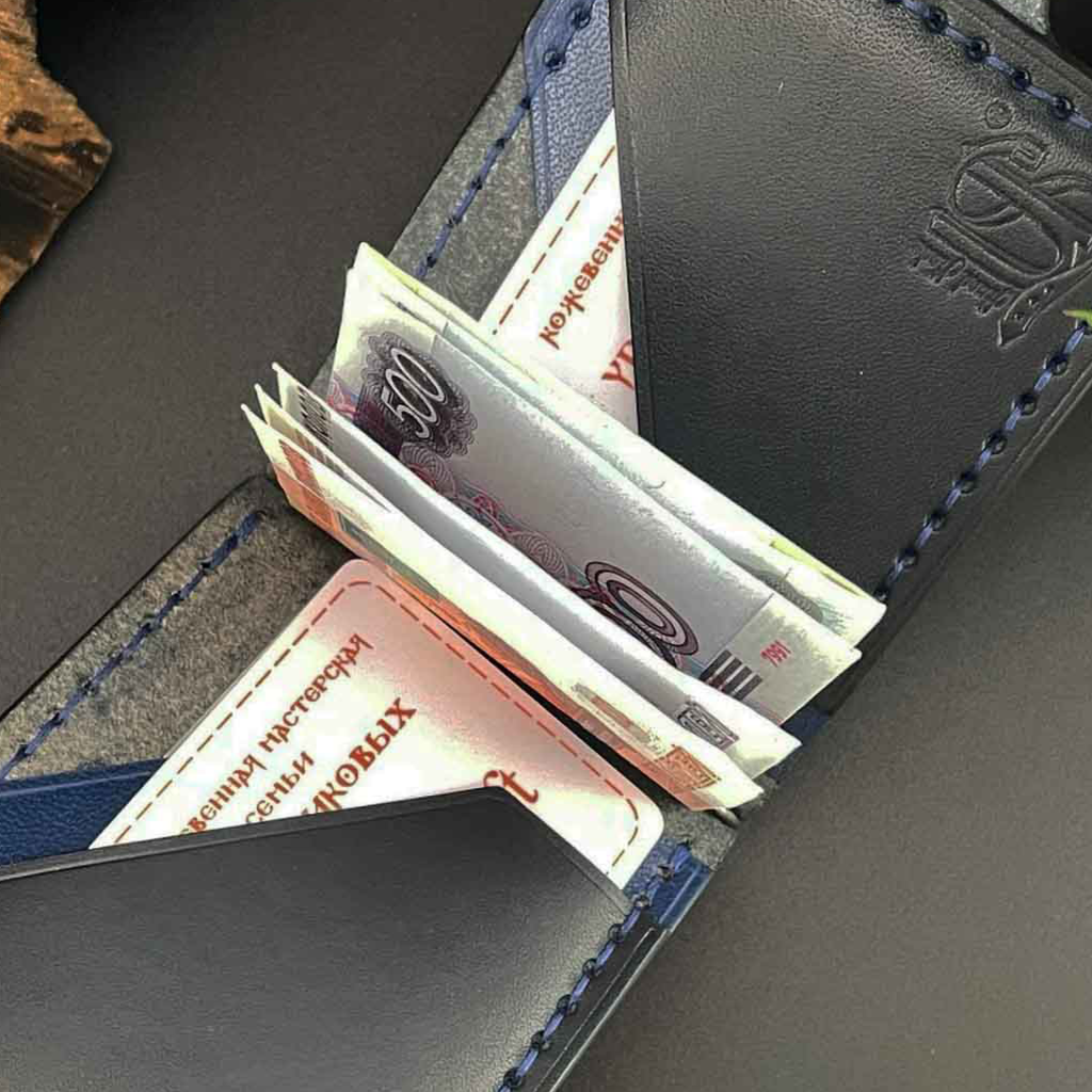 Кожаный зажим для купюр на застежке темно-синий-2