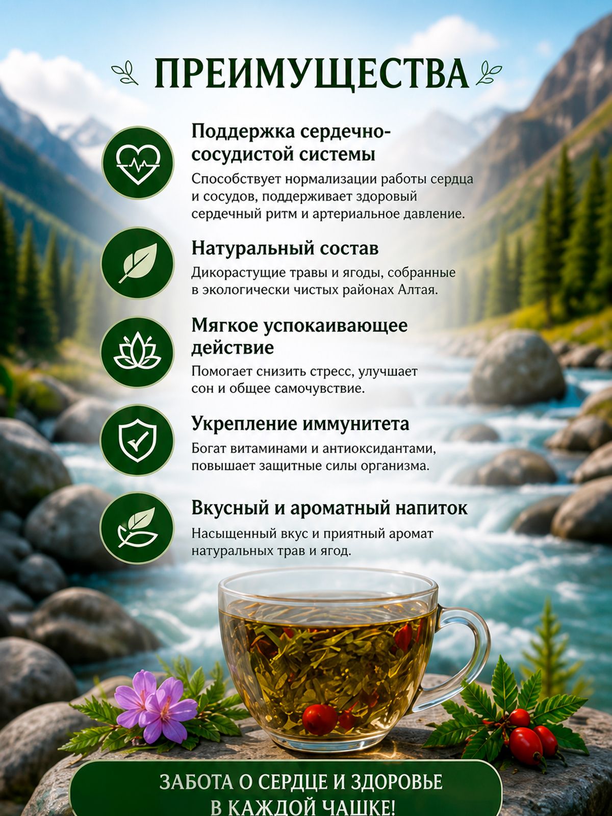 Чай из дикорастущих трав ГОРНЫЕ РЕКИ сердечно-сосудистый, 1 кг.-10 Чай из дикорастущих трав ГОРНЫЕ РЕКИ сердечно-сосудистый, 1 кг.-10