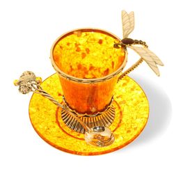 Кофейная чашка "Стрекоза" из янтаря с ложечкой