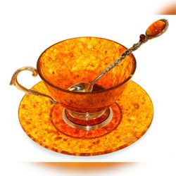 Чашка чайная ажурная из янтаря с ложкой, бронза